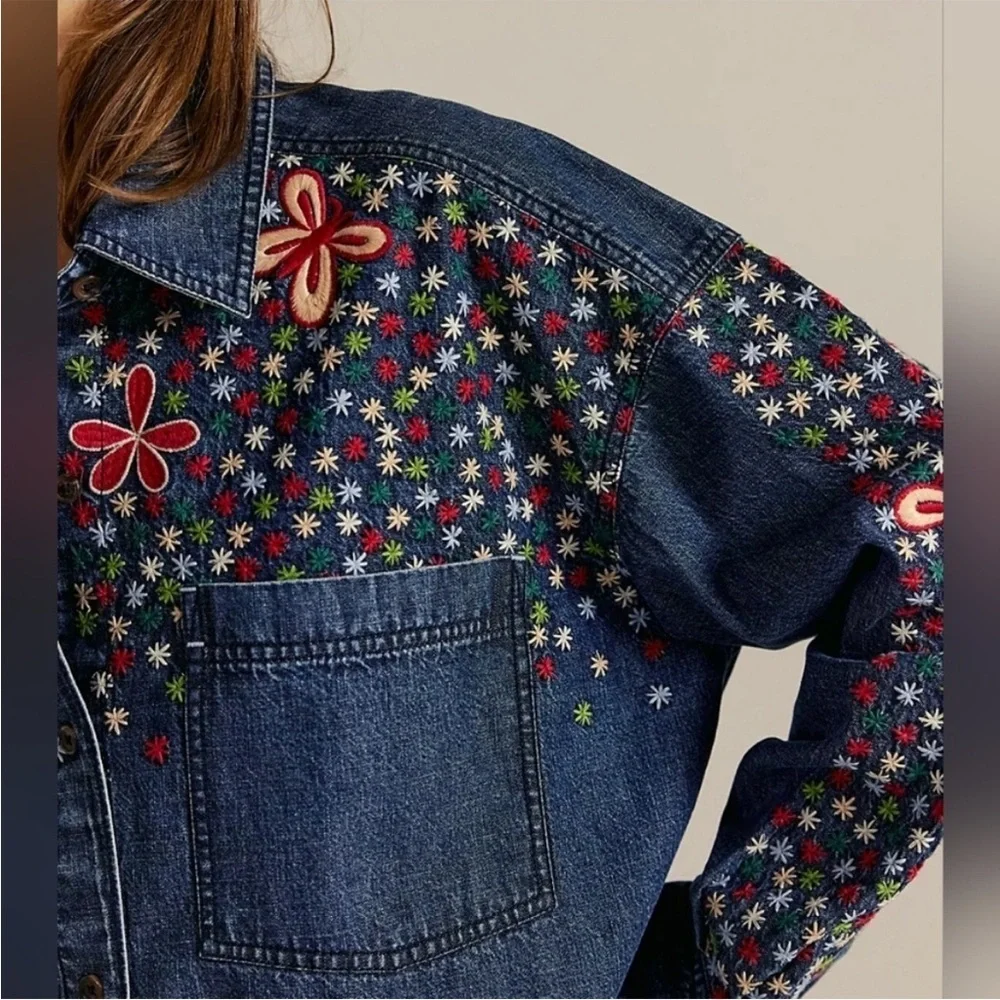 Free People Rainbow 🌈 Embroidered Denim Shirt- SM